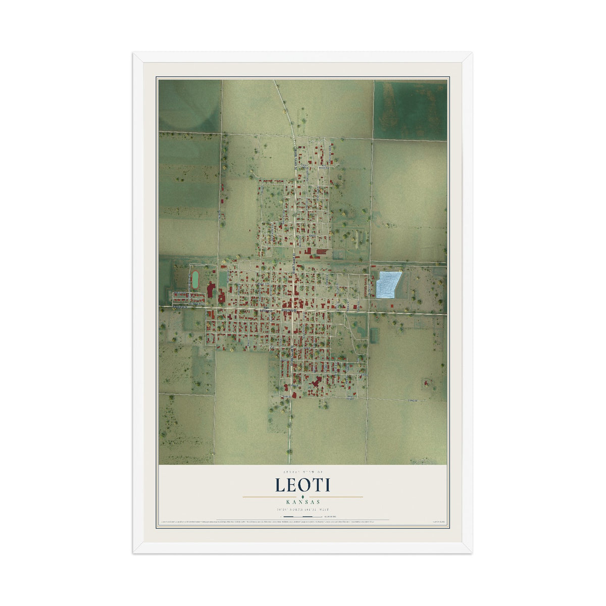 Map of Leoti, Kansas, 12 x 18 inch print in a white wood frame