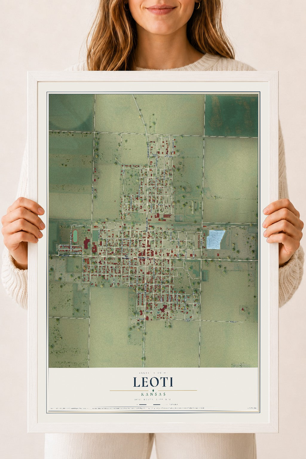 Map of Leoti, Kansas, 18 x 24 inch print in a white wood frame
