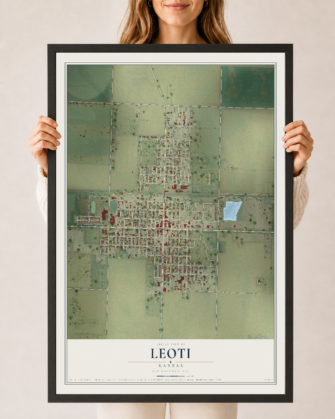 Map of Leoti, Kansas, 24 x 36 inch print in a black wood frame