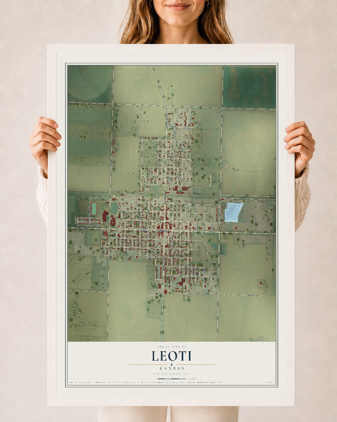 Map of Leoti, Kansas, 24 x 36 inch print in a white wood frame