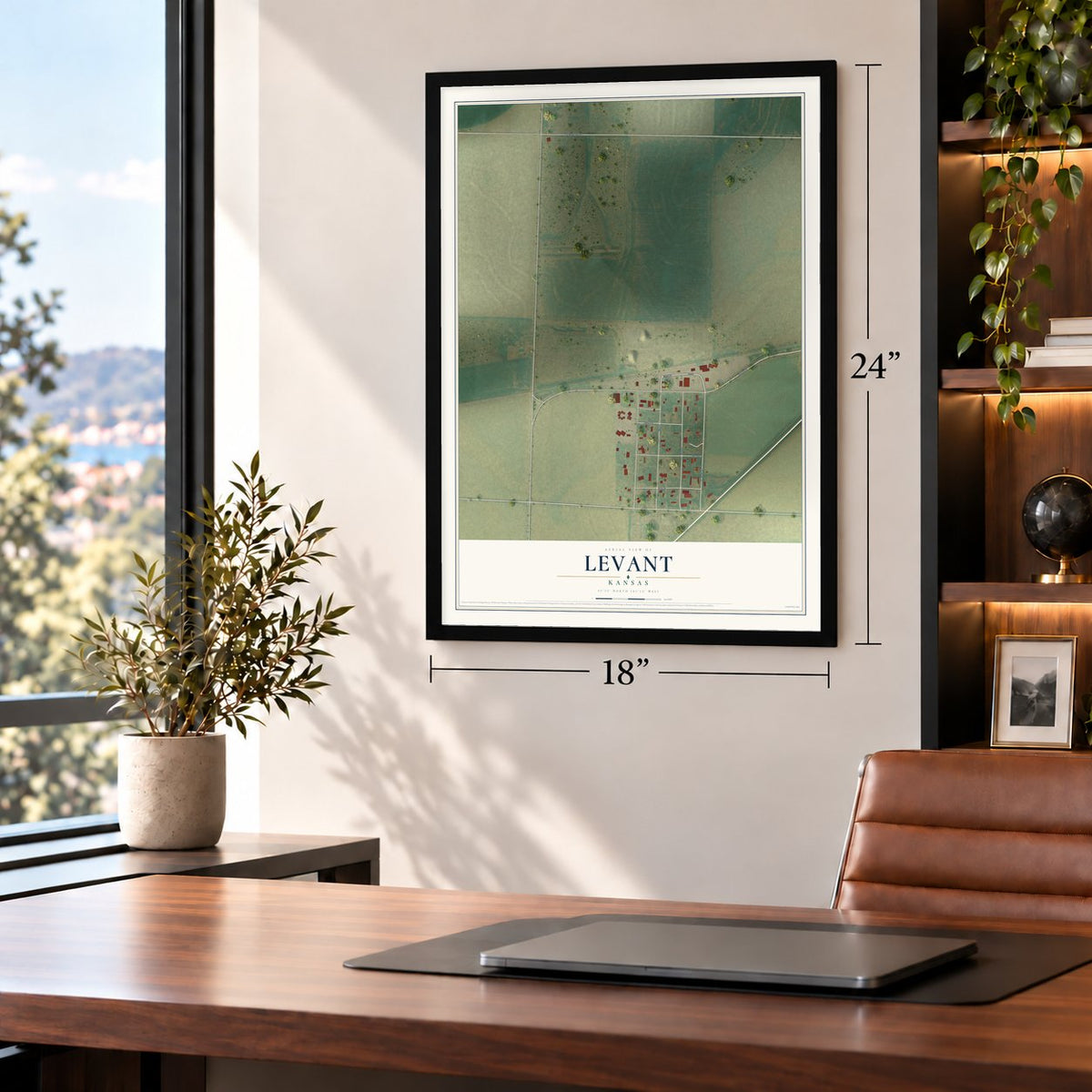 Levant, Kansas map, 18 x 24 inch print in a black frame in a home office