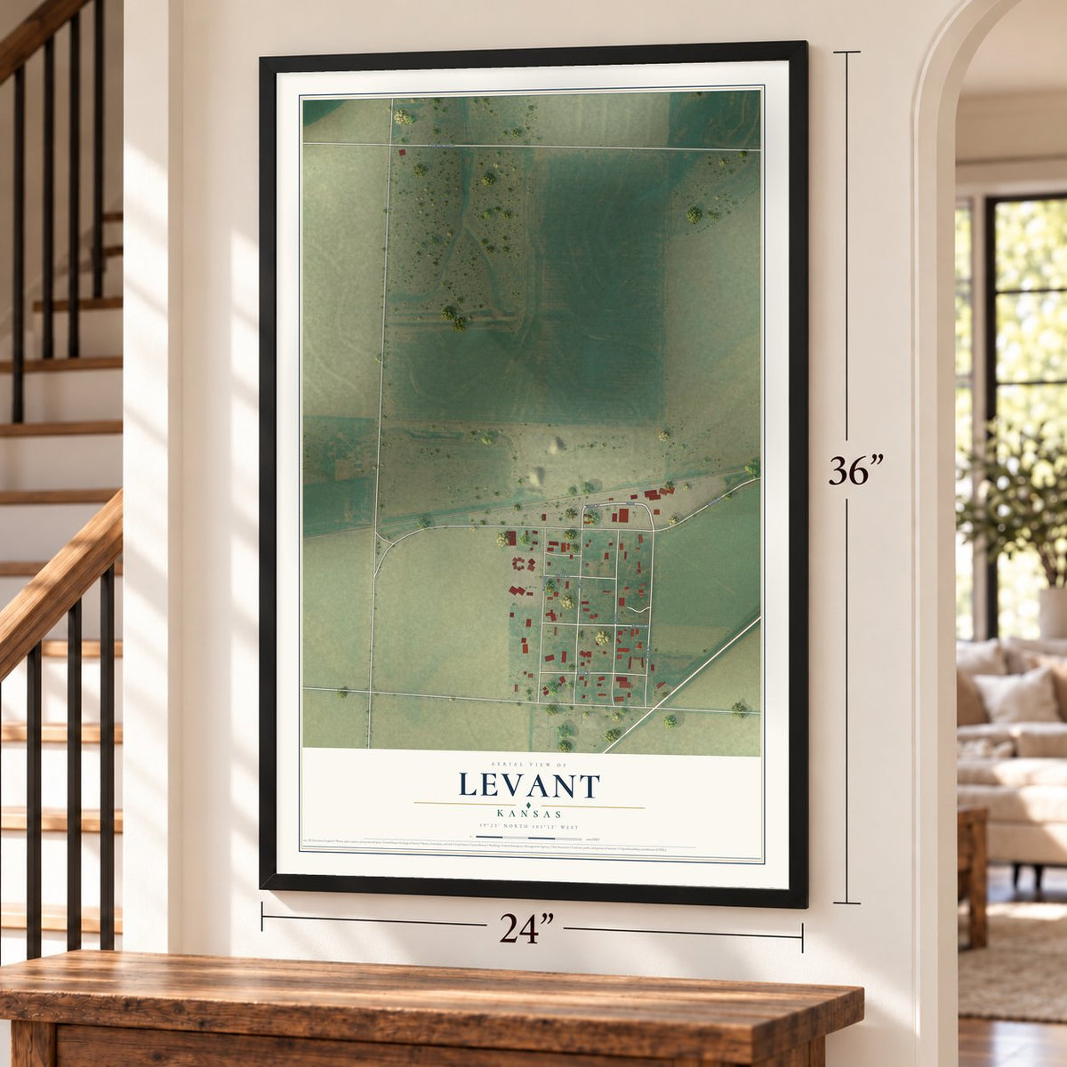Levant, Kansas map, 24 x 36 inch print in a black frame by a staircase