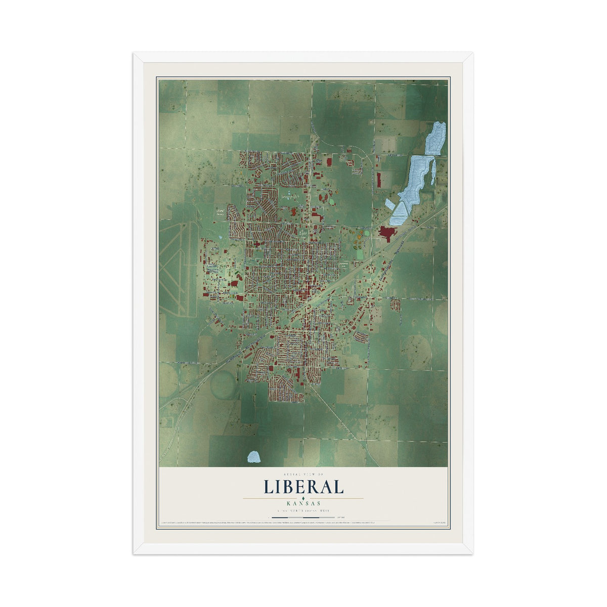 Map of Liberal, Kansas, 12 x 18 inch print in a white wood frame