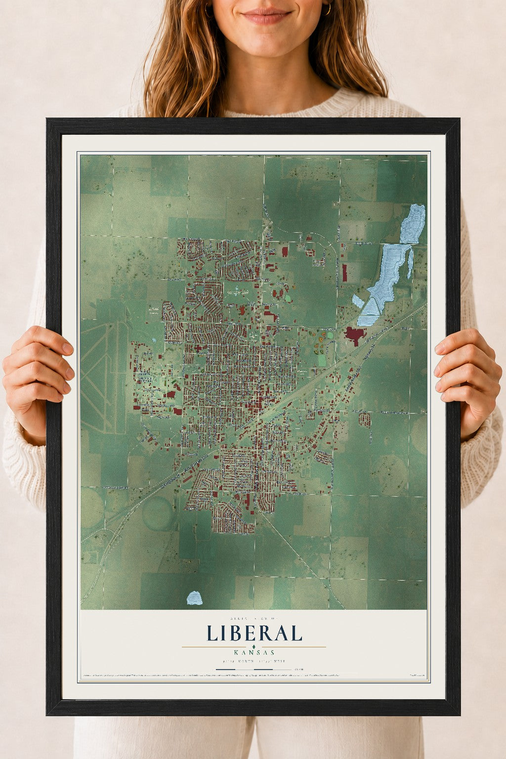 Map of Liberal, Kansas, 18 x 24 inch print in a black wood frame