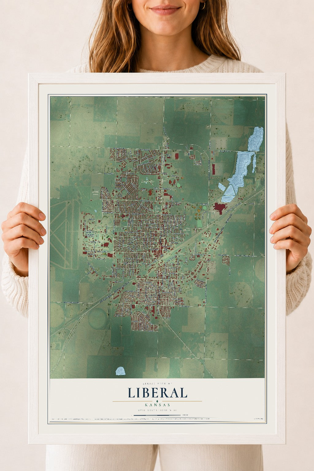 Map of Liberal, Kansas, 18 x 24 inch print in a white wood frame
