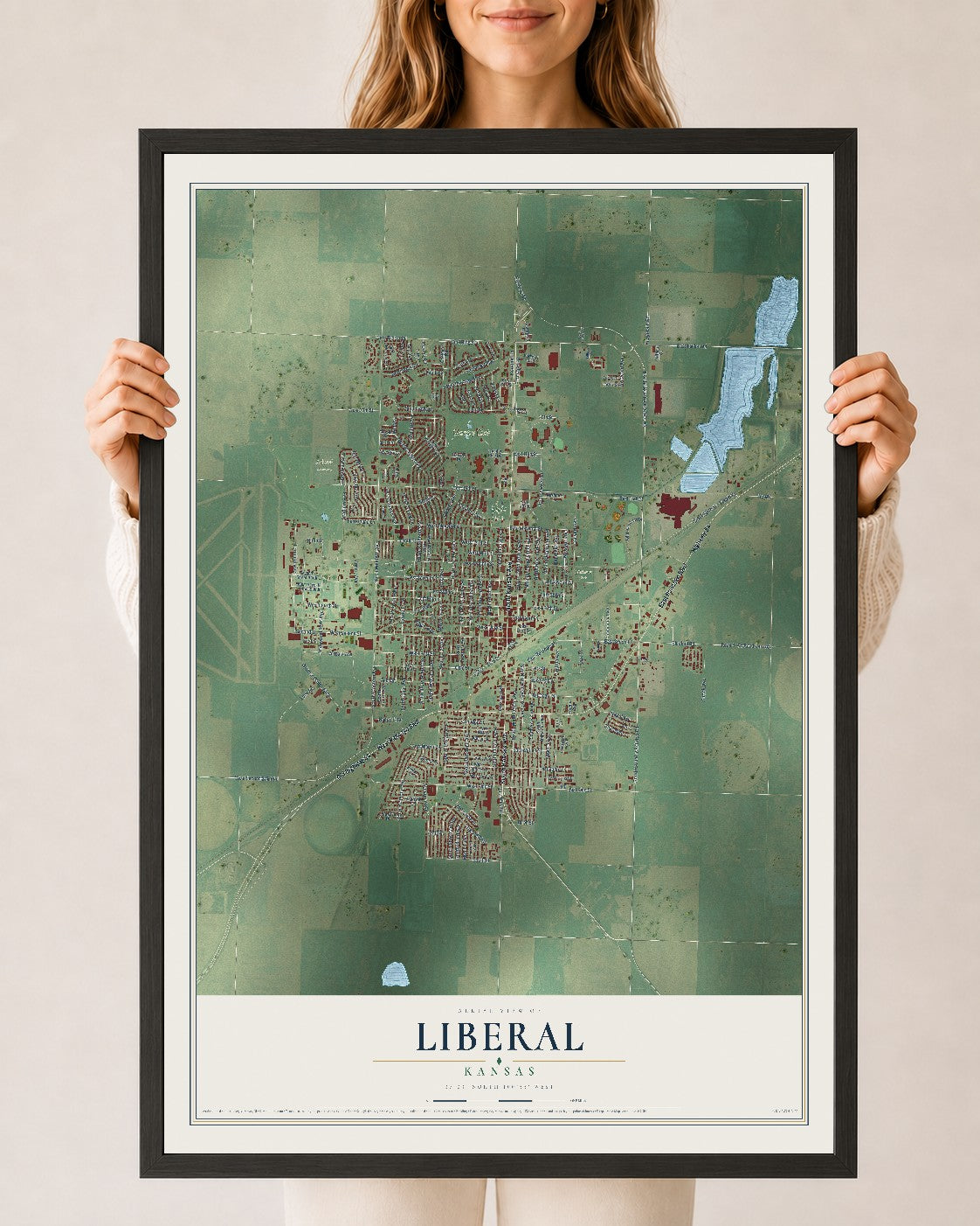 Map of Liberal, Kansas, 24 x 36 inch print in a black wood frame