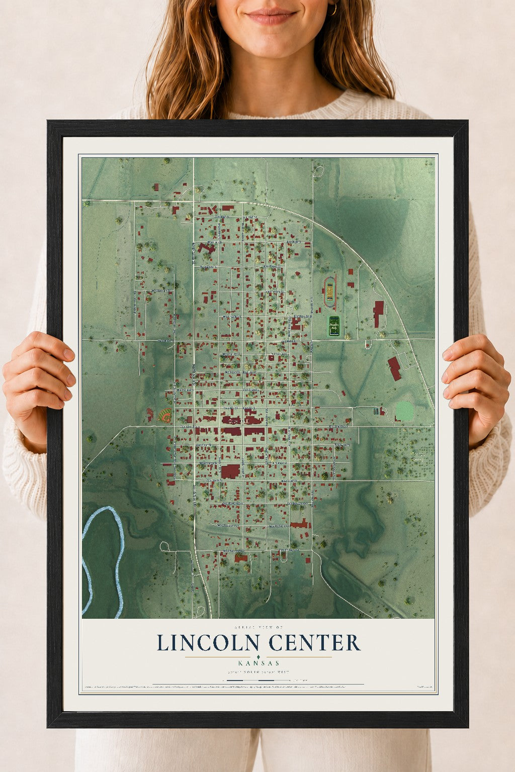 Map of Lincoln Center, Kansas, 18 x 24 inch print in a black wood frame