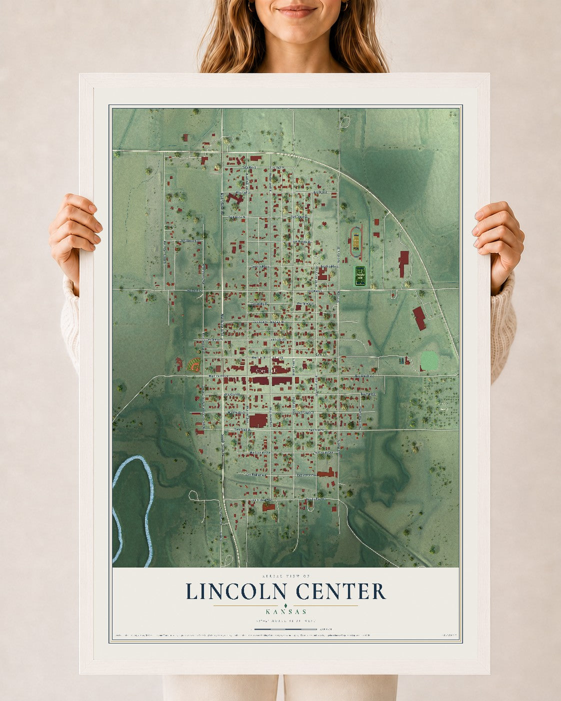 Map of Lincoln Center, Kansas, 24 x 36 inch print in a white wood frame
