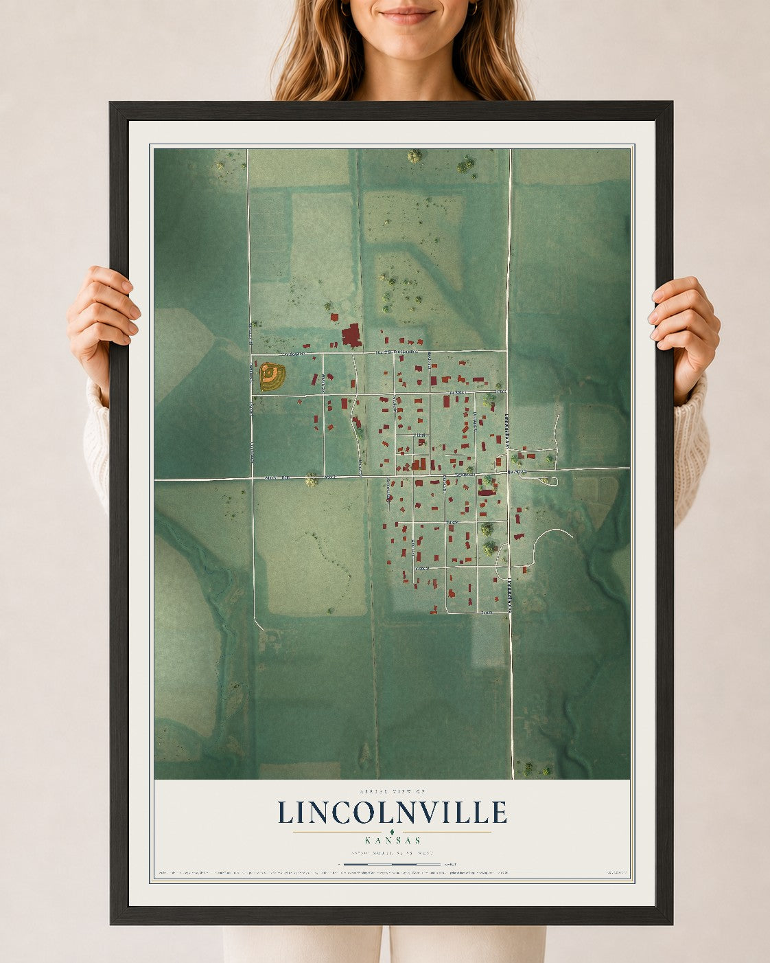 Map of Lincolnville, Kansas, 24 x 36 inch print in a black wood frame