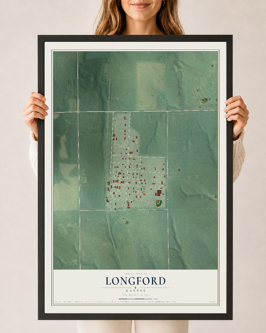 Map of Longford, Kansas, 24 x 36 inch print in a black wood frame