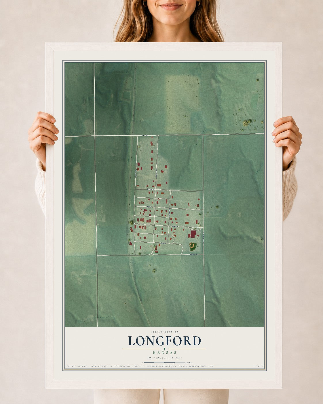 Map of Longford, Kansas, 24 x 36 inch print in a white wood frame