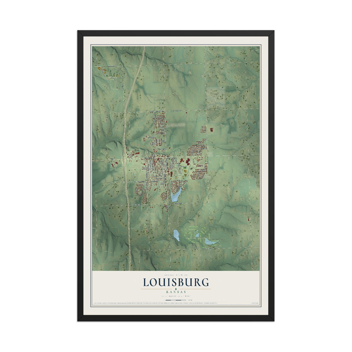 Map of Louisburg, Kansas, 12 x 18 inch print in a black wood frame