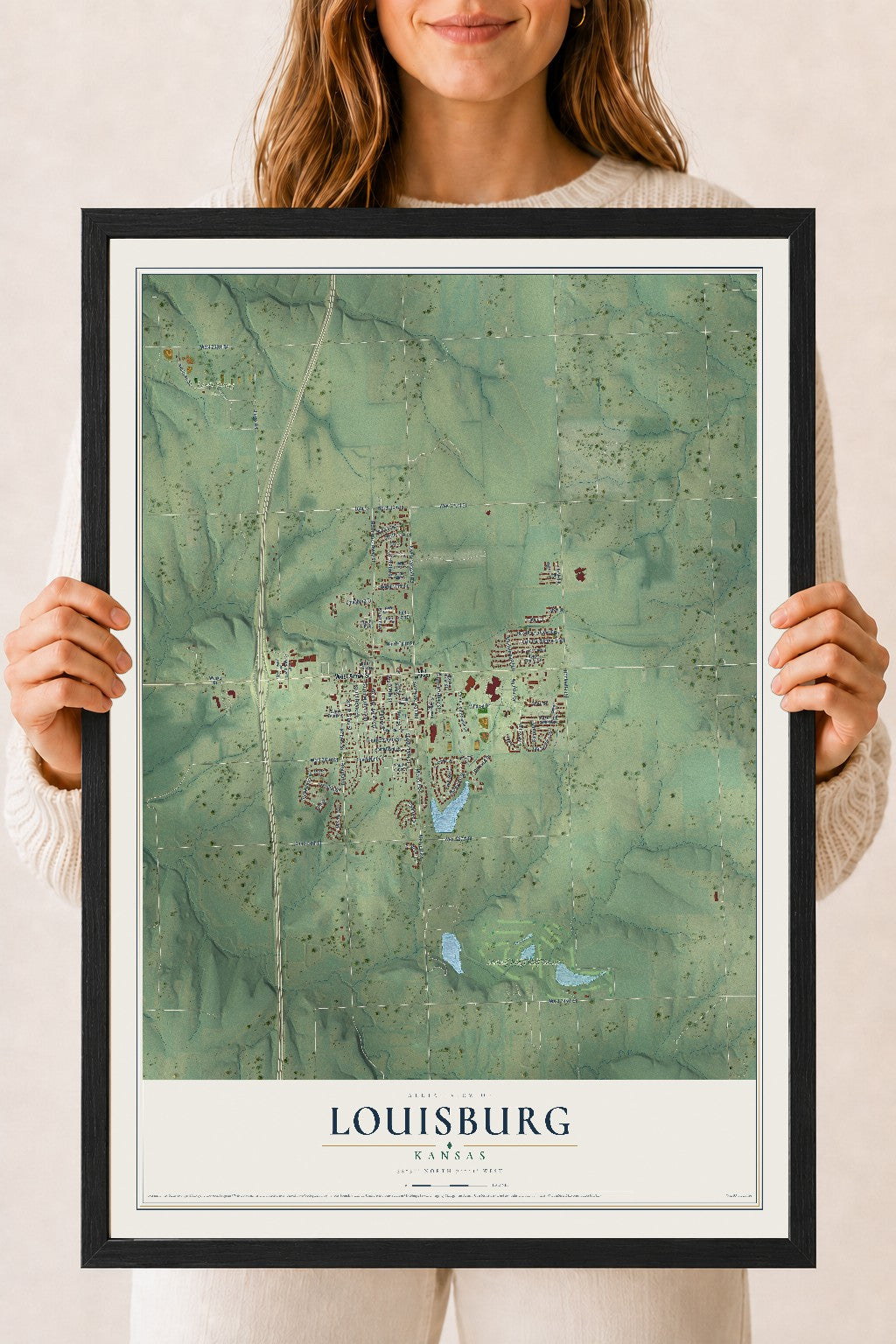 Map of Louisburg, Kansas, 18 x 24 inch print in a black wood frame