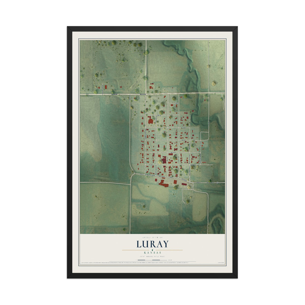 Map of Luray, Kansas, 12 x 18 inch print in a black wood frame