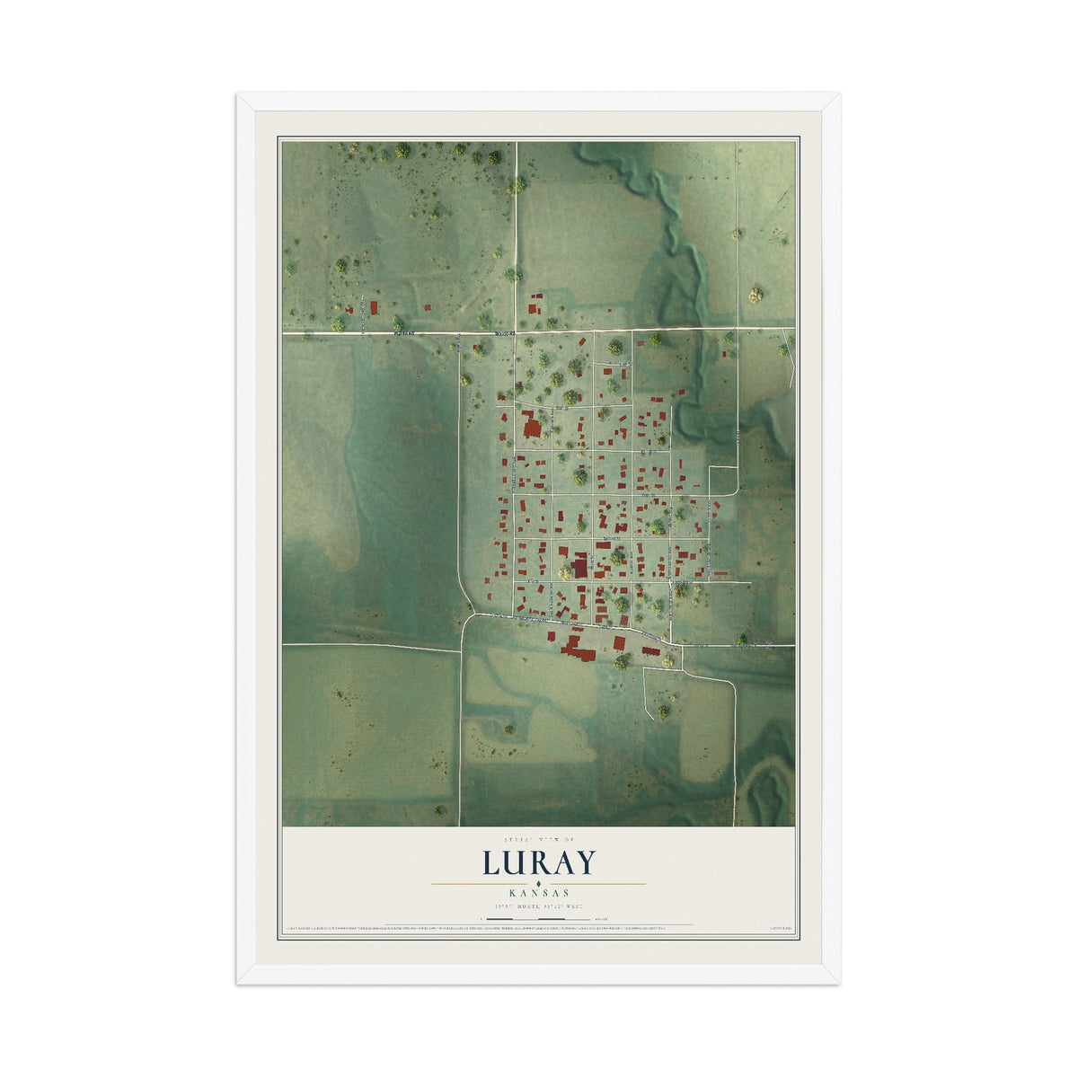 Map of Luray, Kansas, 12 x 18 inch print in a white wood frame