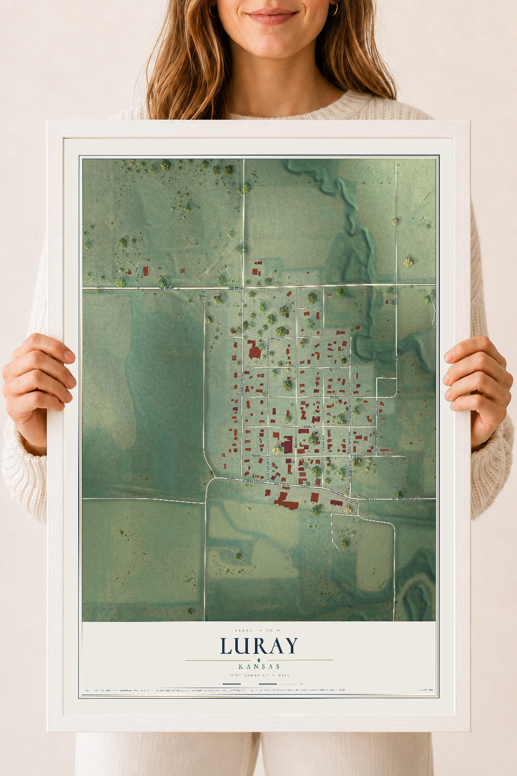 Map of Luray, Kansas, 18 x 24 inch print in a white wood frame