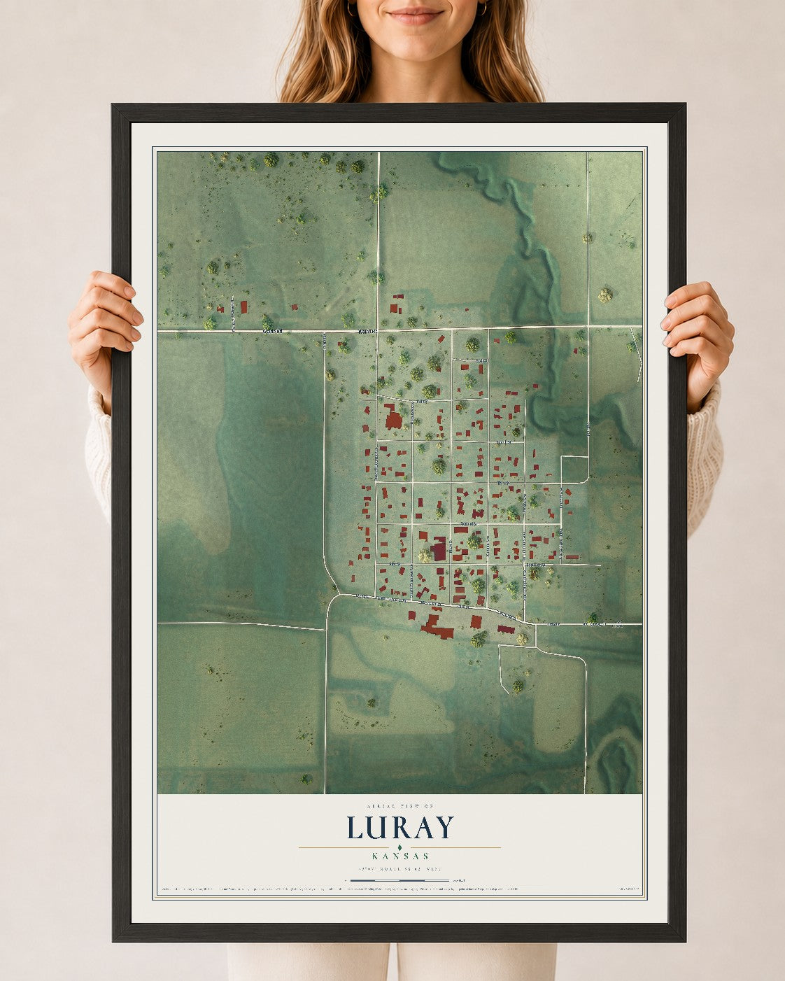 Map of Luray, Kansas, 24 x 36 inch print in a black wood frame