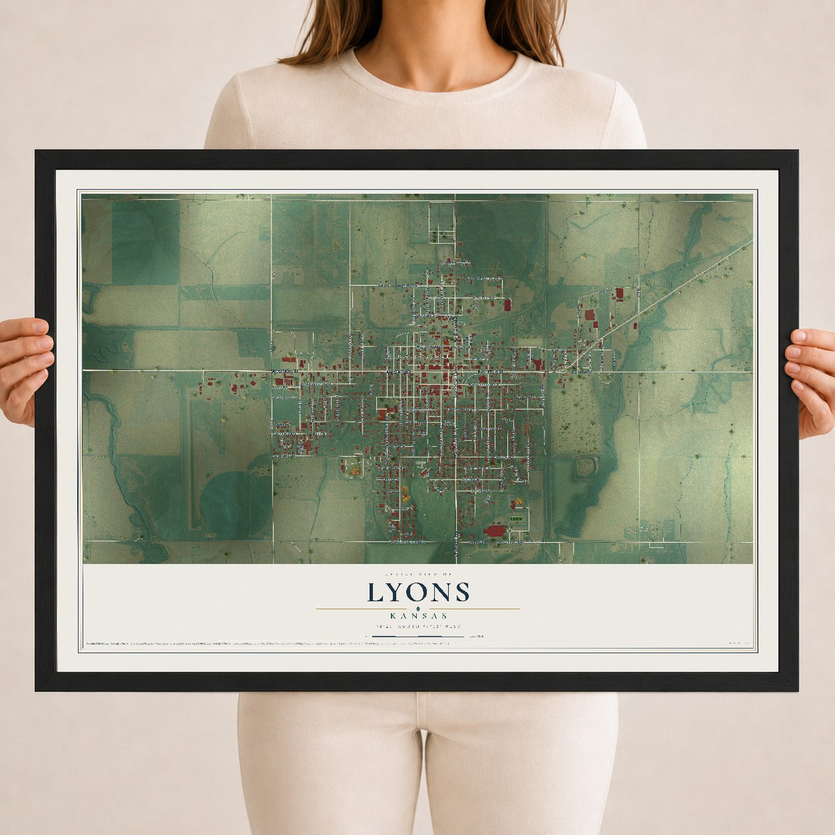 Map of Lyons, Kansas, 18 x 24 inch print in a black wood frame
