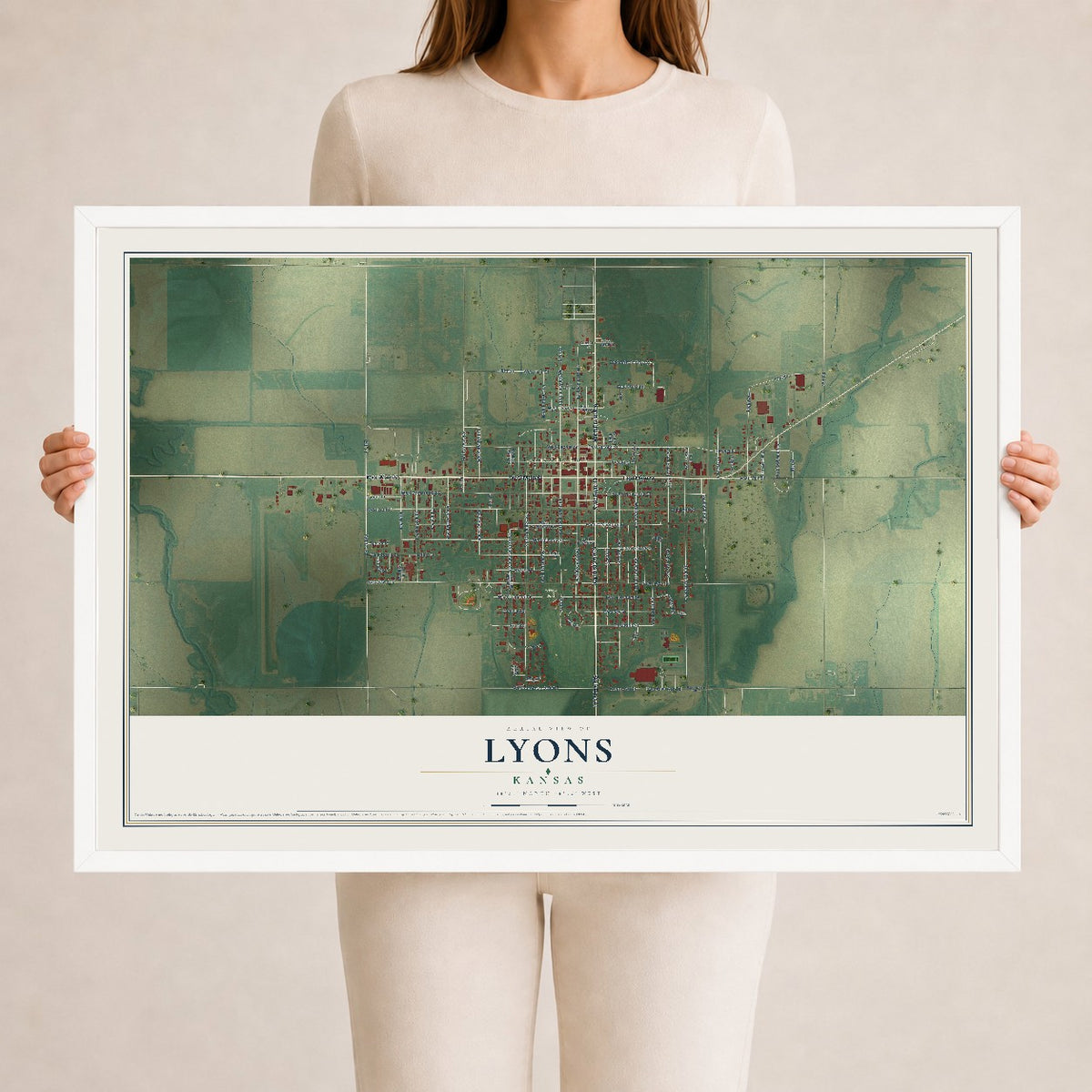 Map of Lyons, Kansas, 24 x 36 inch print in a white wood frame