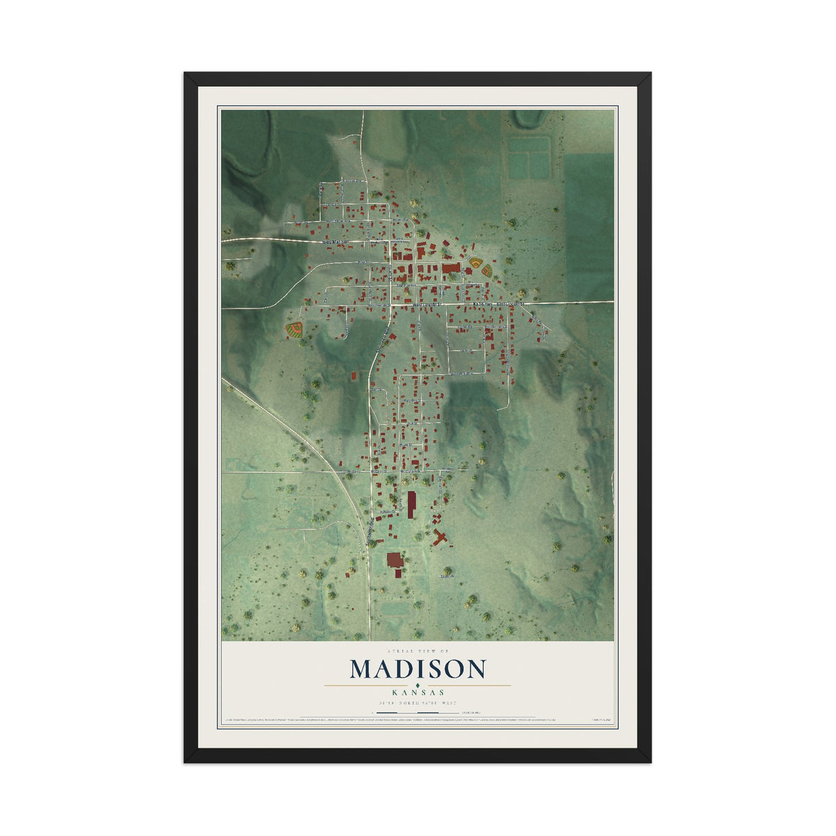 Map of Madison, Kansas, 12 x 18 inch print in a black wood frame