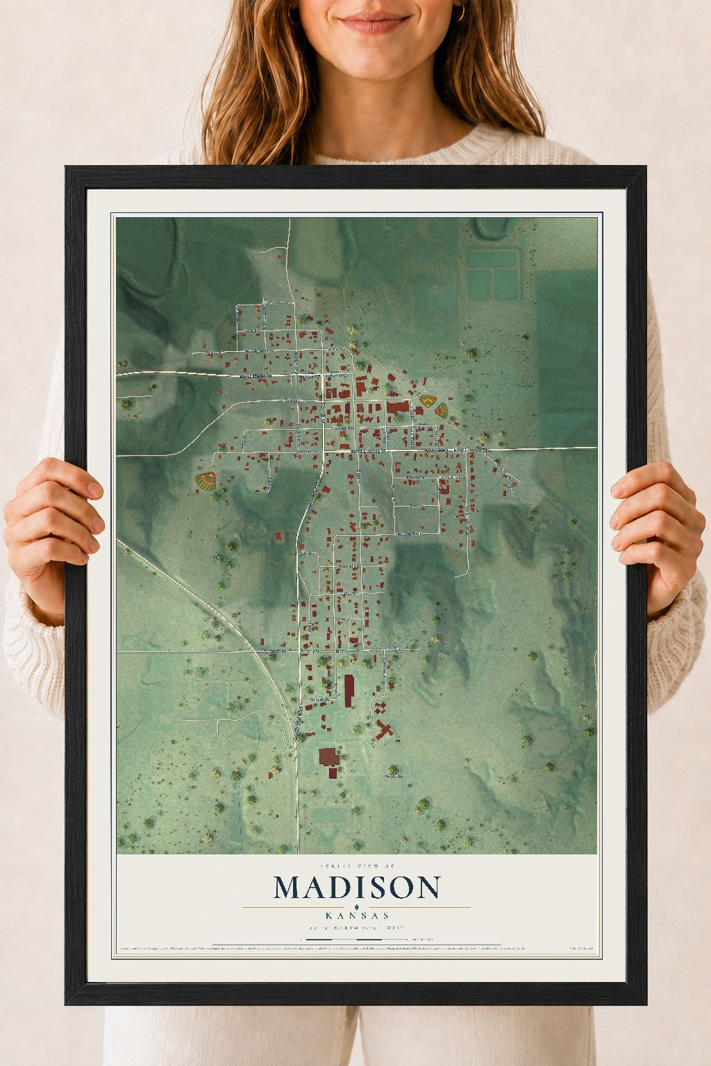 Map of Madison, Kansas, 18 x 24 inch print in a black wood frame