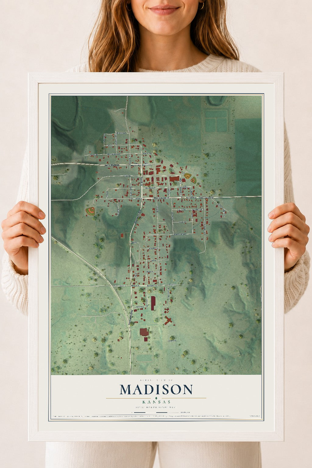 Map of Madison, Kansas, 18 x 24 inch print in a white wood frame