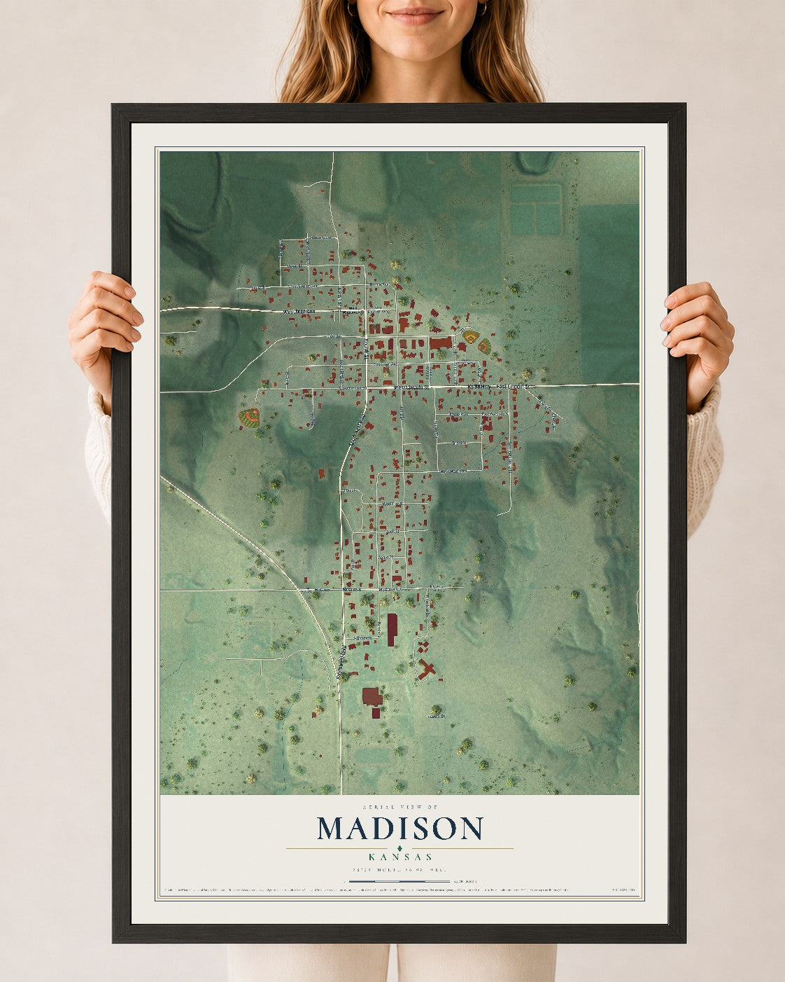 Map of Madison, Kansas, 24 x 36 inch print in a black wood frame