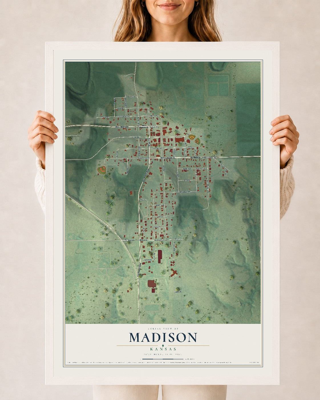 Map of Madison, Kansas, 24 x 36 inch print in a white wood frame
