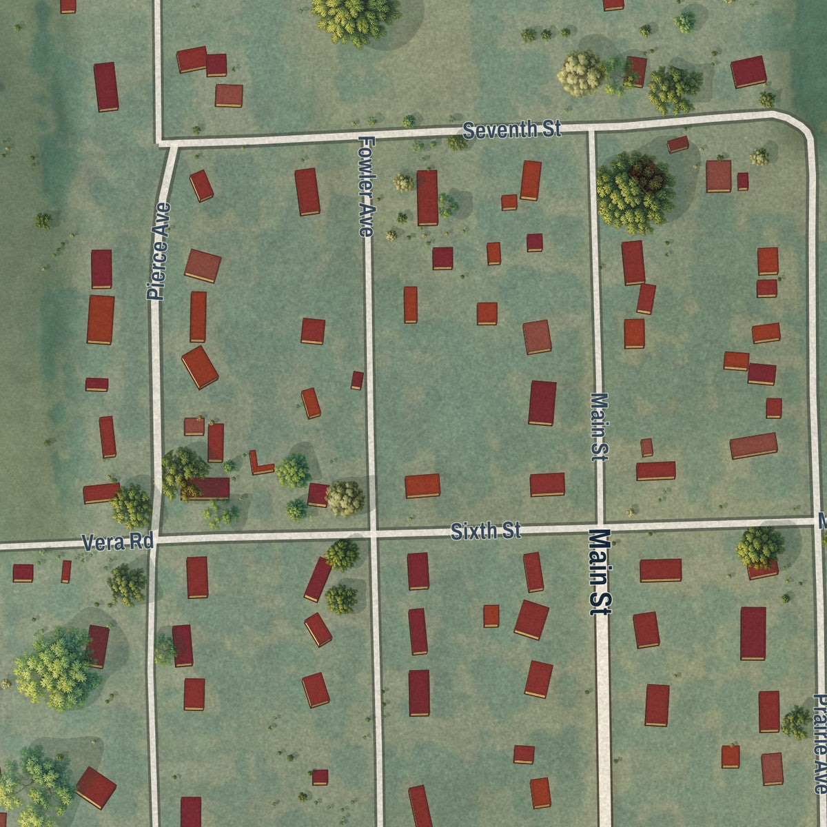 Second close-up of the map of Maple Hill, Kansas print showing more streets and buildings