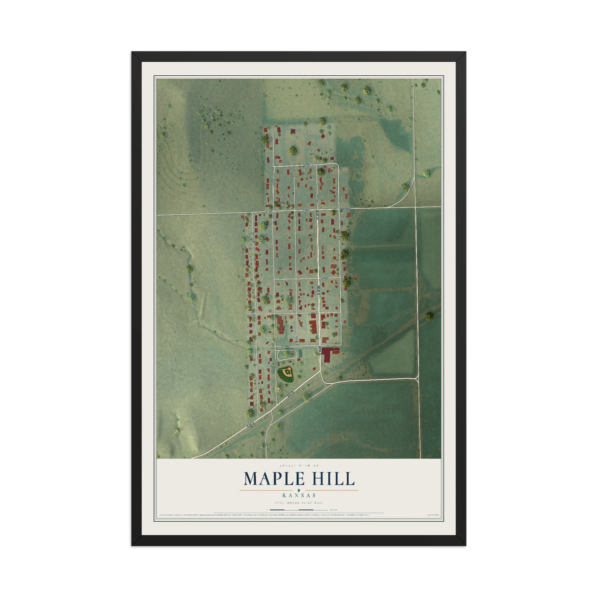 Map of Maple Hill, Kansas, 12 x 18 inch print in a black wood frame