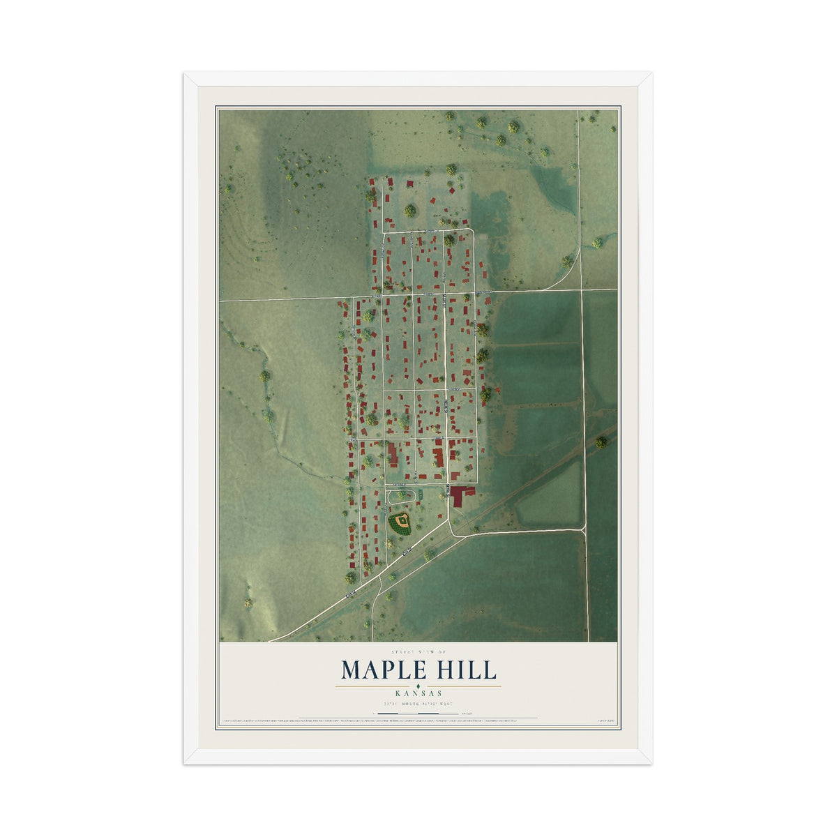 Map of Maple Hill, Kansas, 12 x 18 inch print in a white wood frame