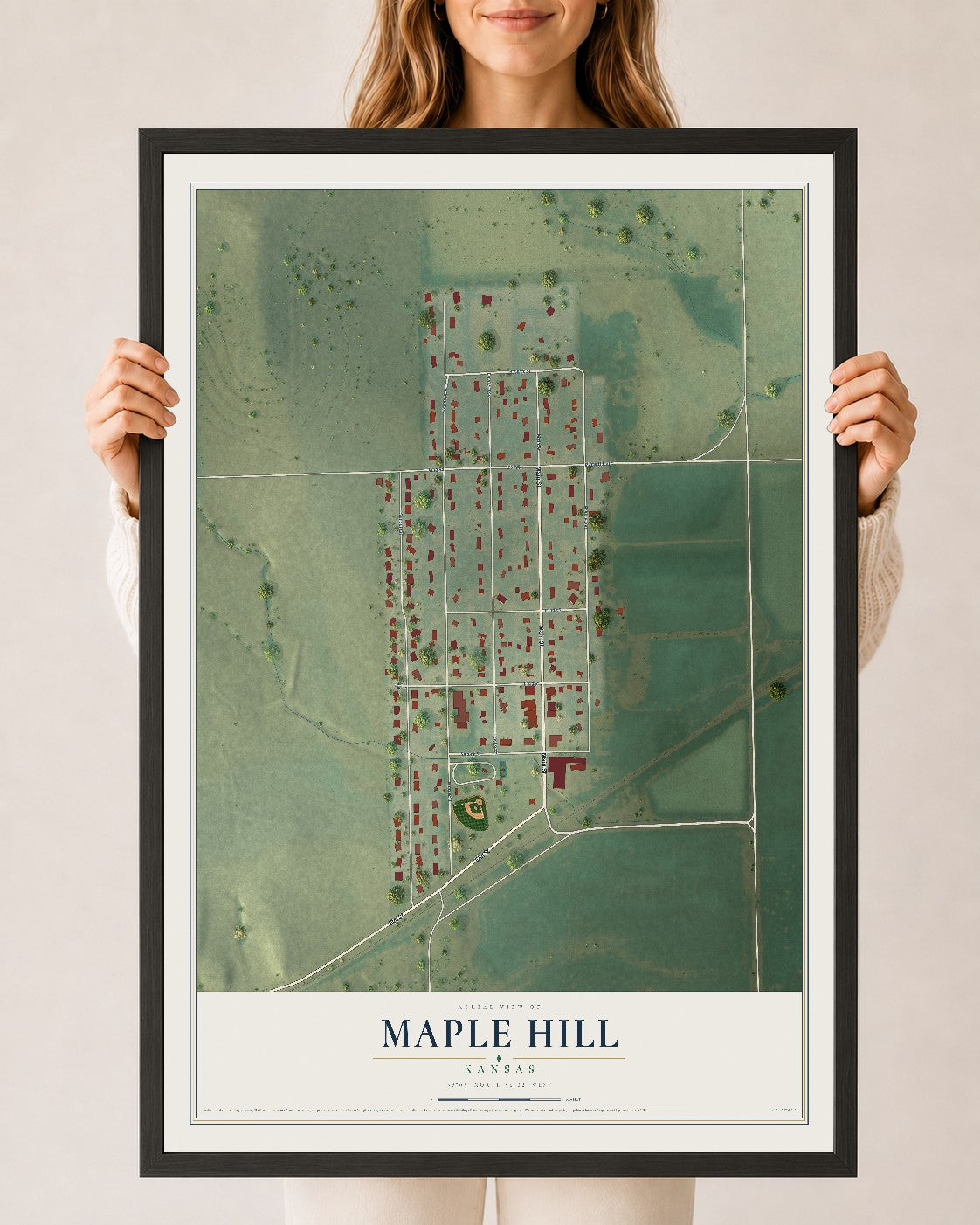 Map of Maple Hill, Kansas, 24 x 36 inch print in a black wood frame