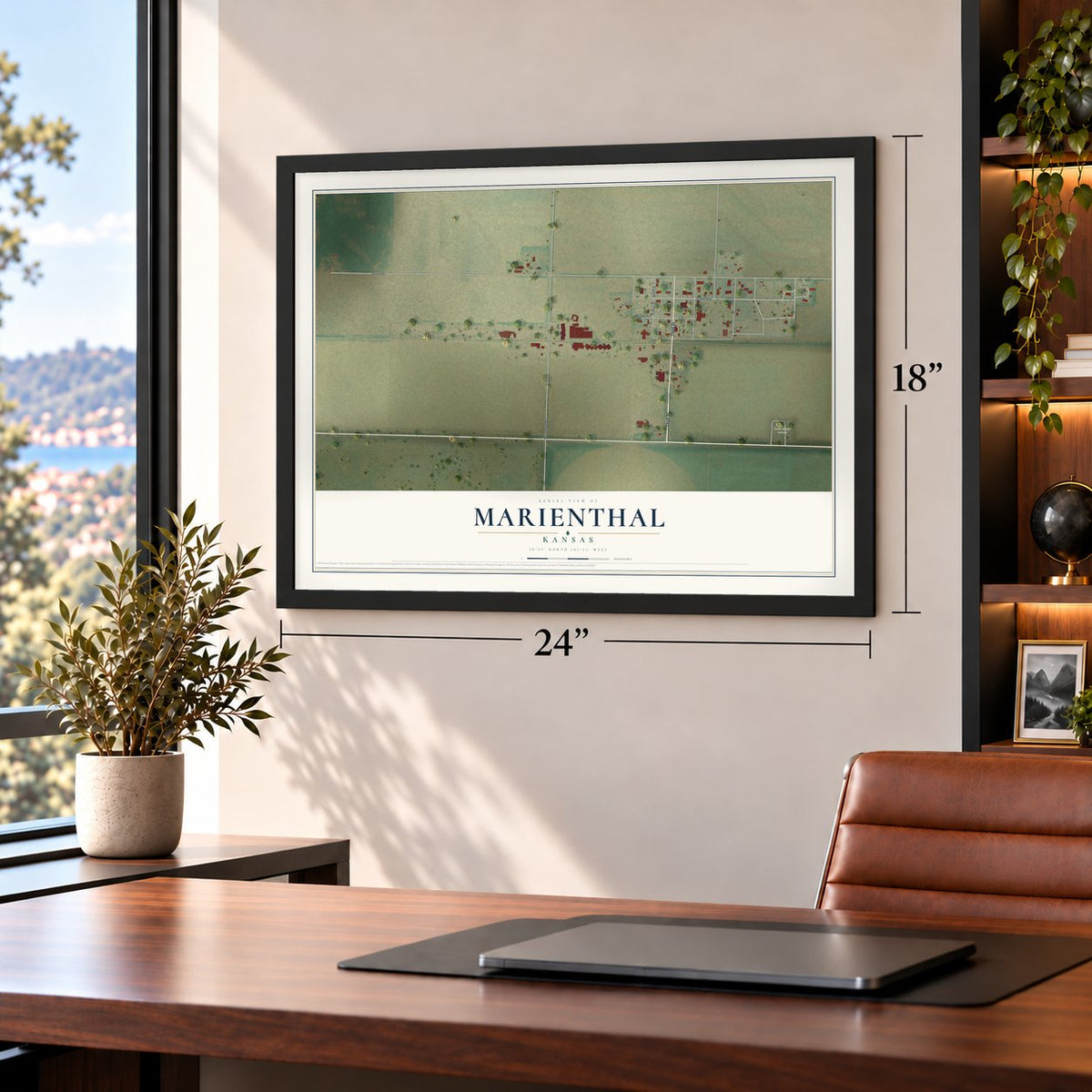 Marienthal, Kansas map, 18 x 24 inch print in a black frame in a home office