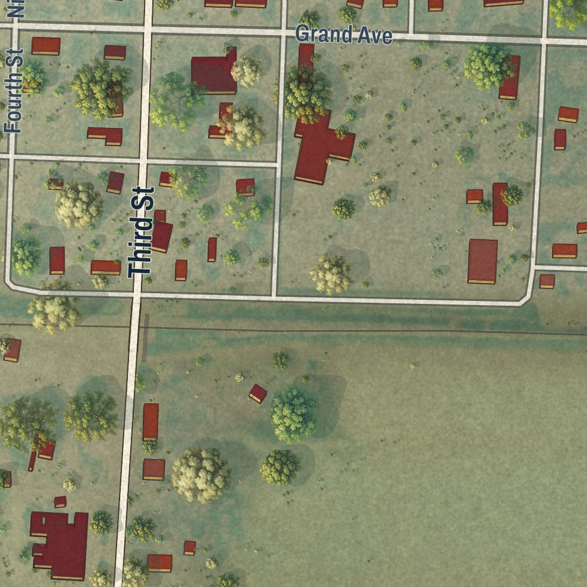 Close-up of the map of Marienthal, Kansas print showing street and building detail