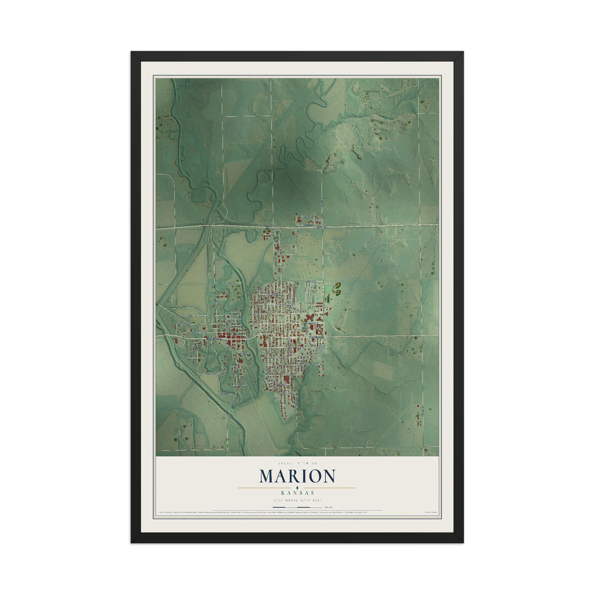 Map of Marion, Kansas, 12 x 18 inch print in a black wood frame