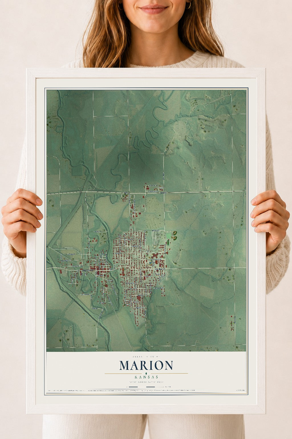 Map of Marion, Kansas, 18 x 24 inch print in a white wood frame