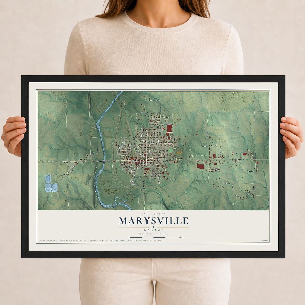 Map of Marysville, Kansas, 12 x 18 inch print in a black wood frame
