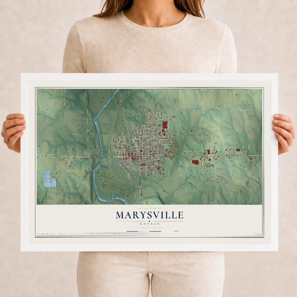 Map of Marysville, Kansas, 12 x 18 inch print in a white wood frame