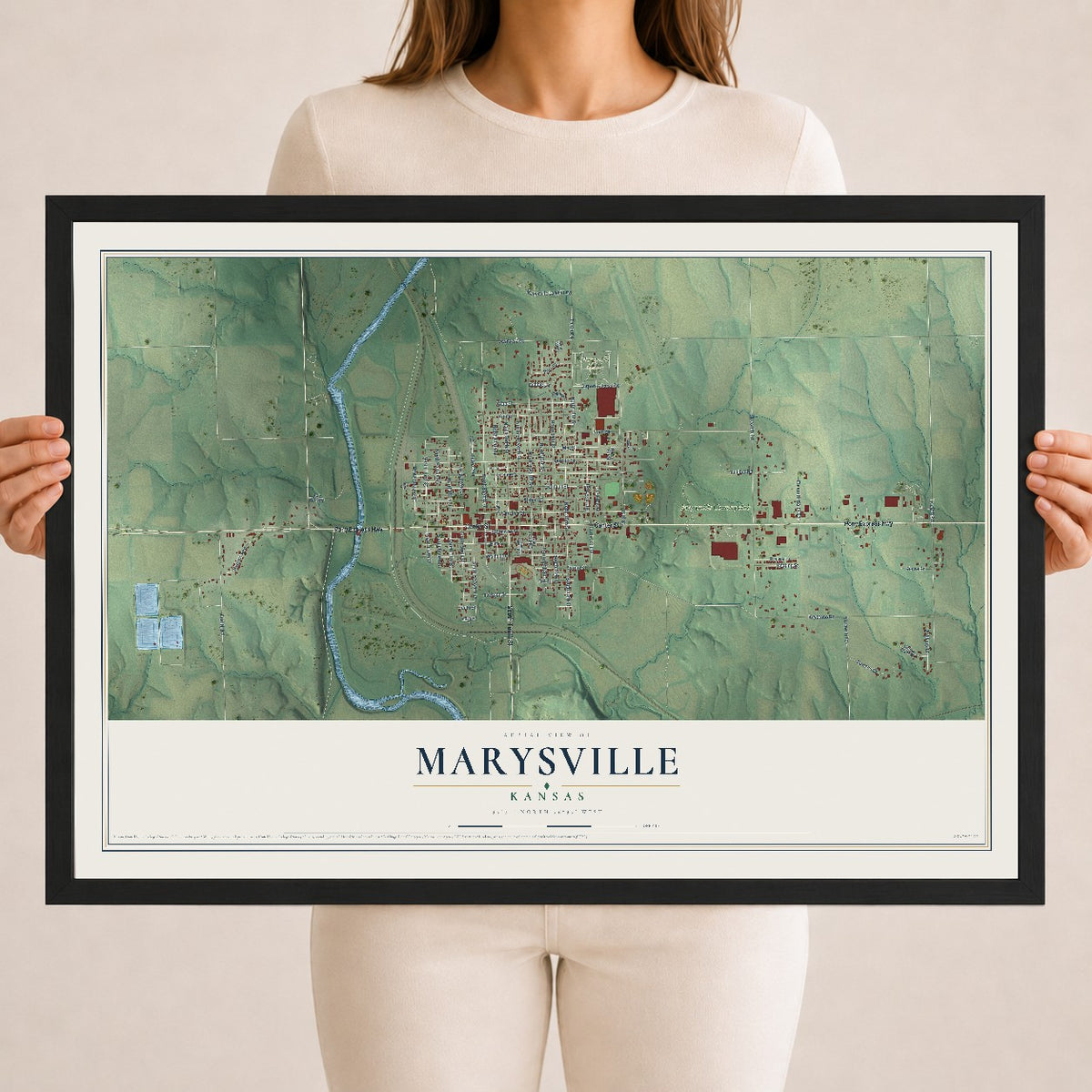 Map of Marysville, Kansas, 18 x 24 inch print in a black wood frame