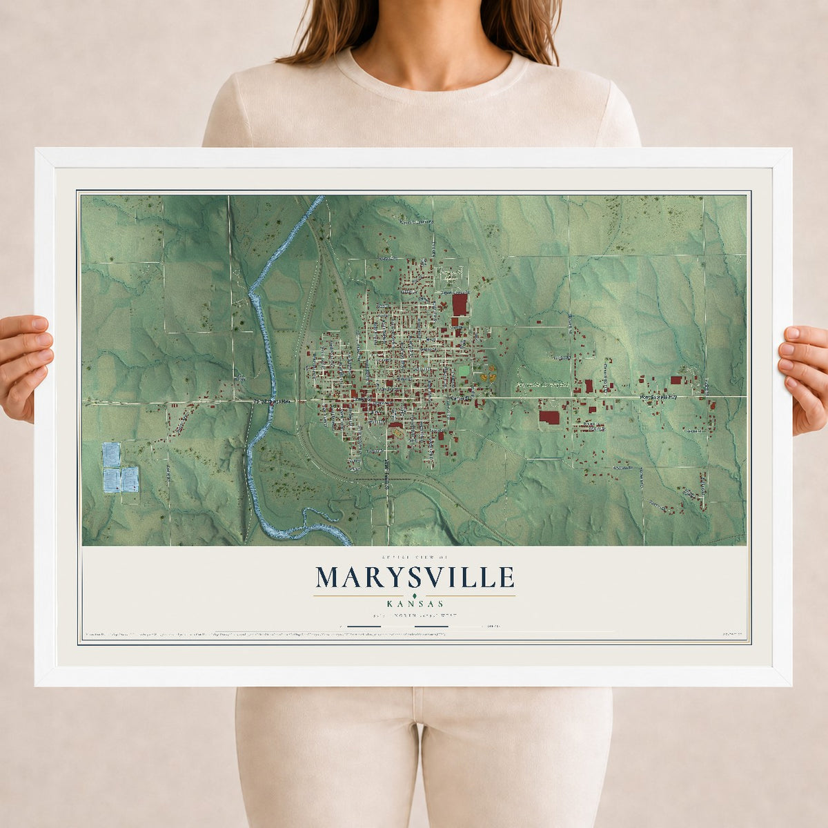 Map of Marysville, Kansas, 18 x 24 inch print in a white wood frame