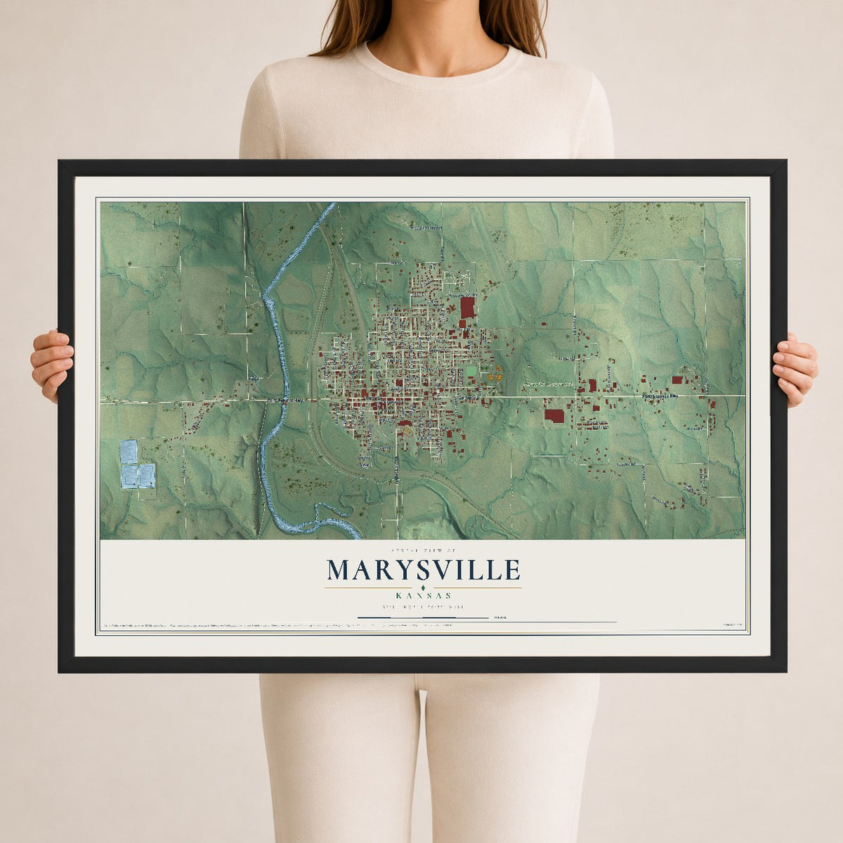Map of Marysville, Kansas, 24 x 36 inch print in a black wood frame