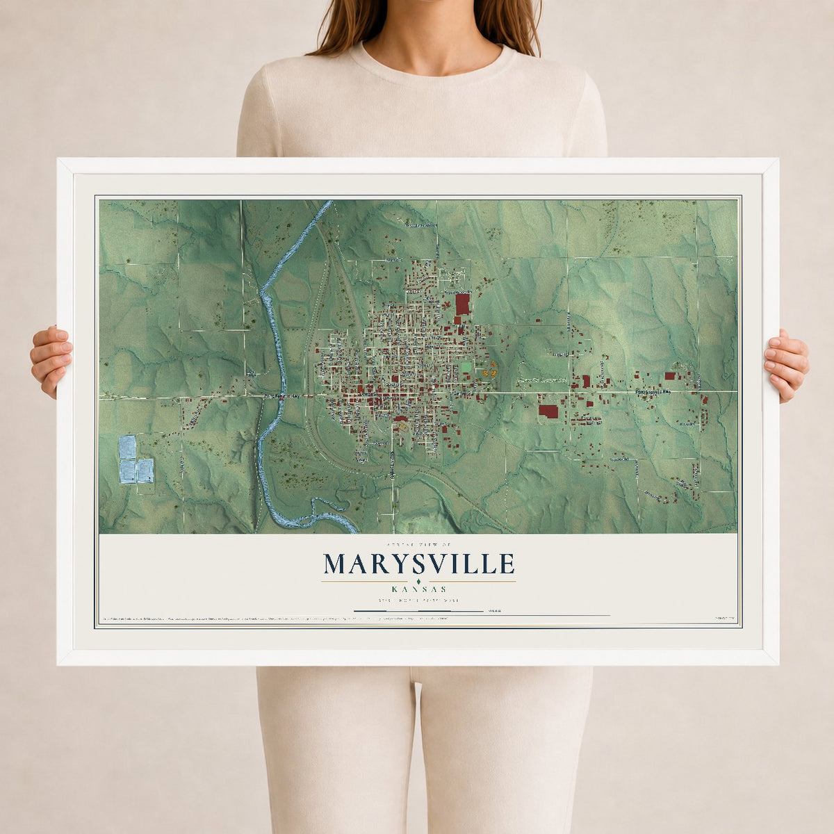 Map of Marysville, Kansas, 24 x 36 inch print in a white wood frame