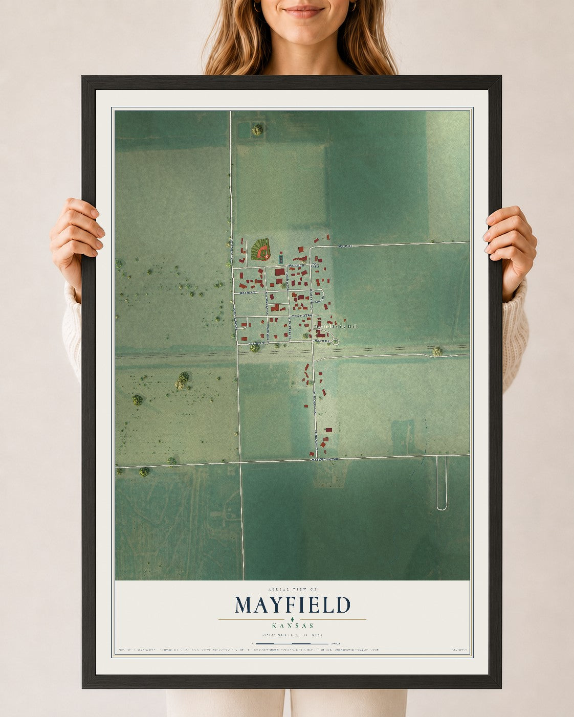 Map of Mayfield, Kansas, 24 x 36 inch print in a black wood frame