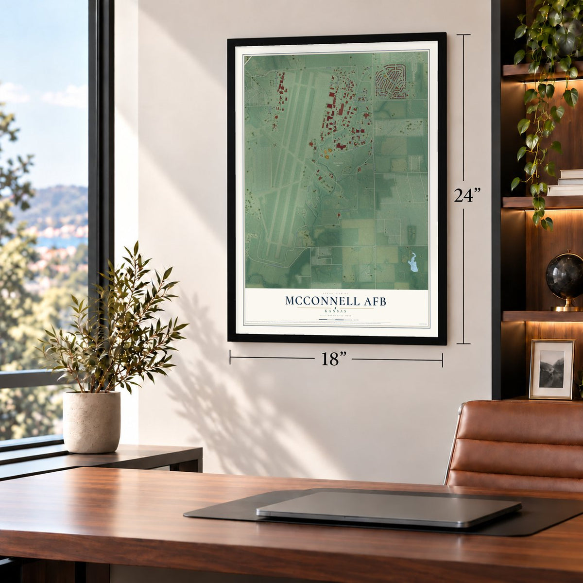 McConnell AFB, Kansas map, 18 x 24 inch print in a black frame in a home office