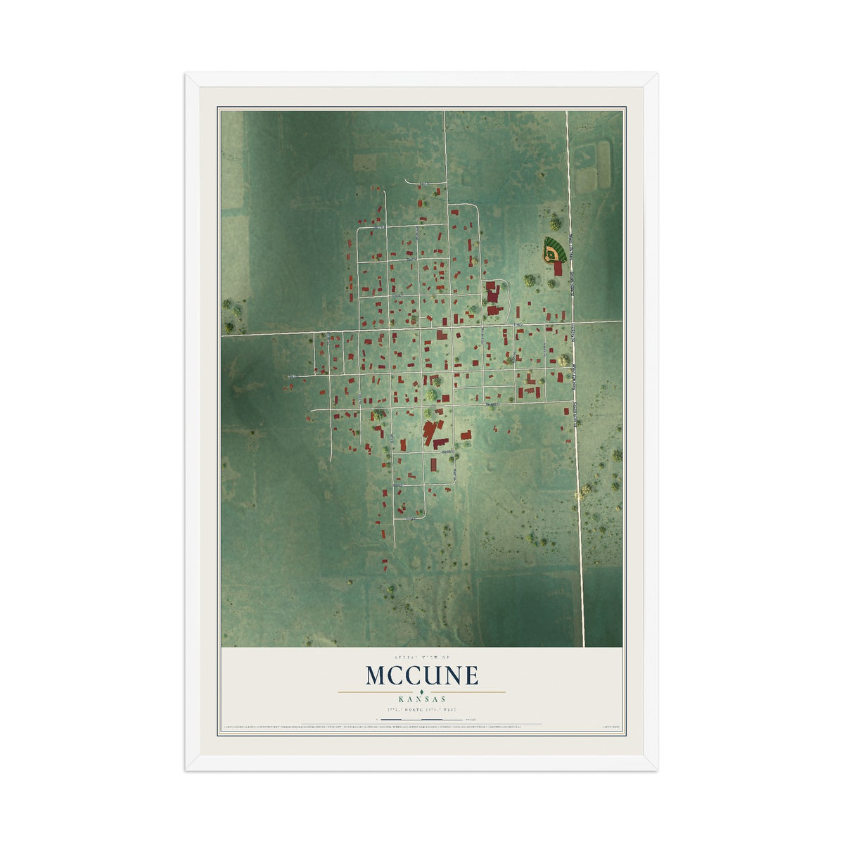 Map of McCune, Kansas, 12 x 18 inch print in a white wood frame