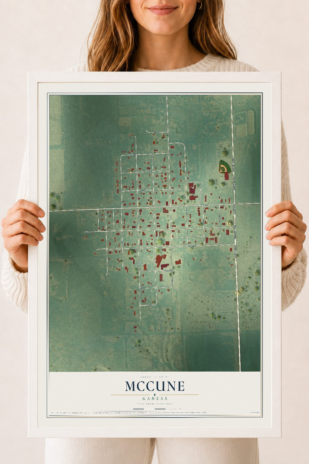 Map of McCune, Kansas, 18 x 24 inch print in a white wood frame