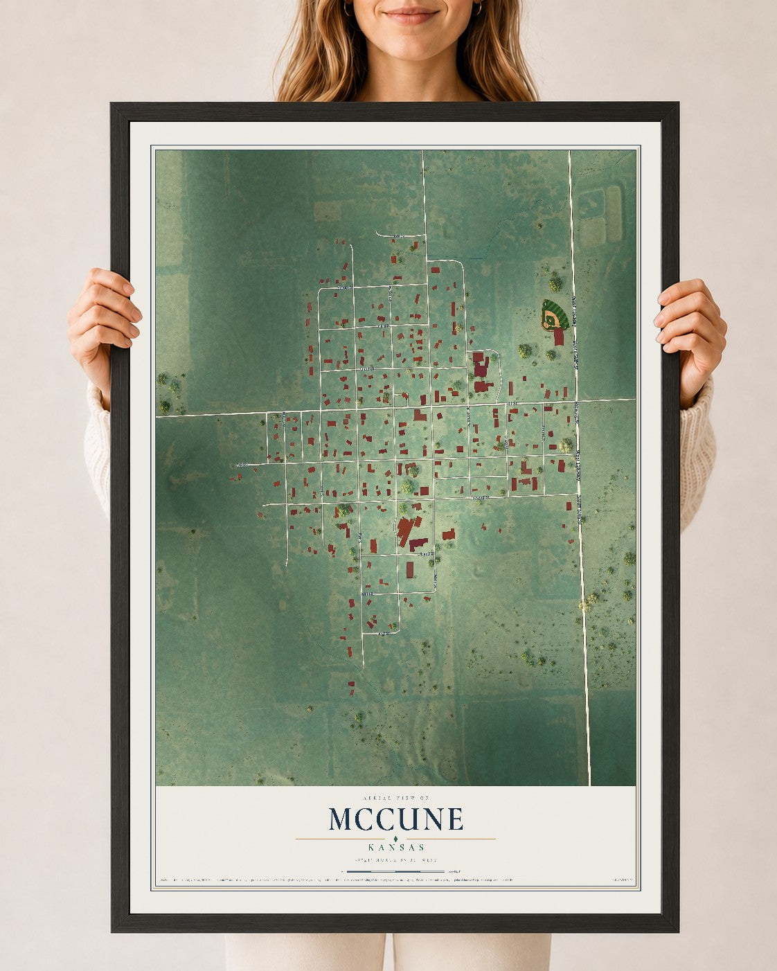 Map of McCune, Kansas, 24 x 36 inch print in a black wood frame