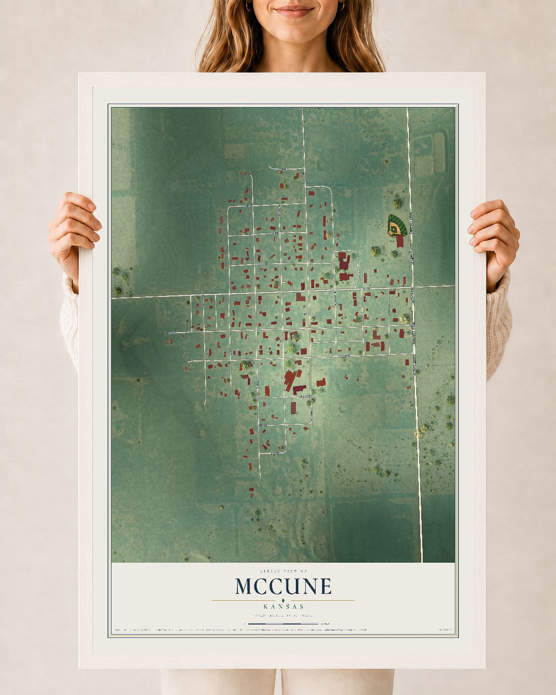 Map of McCune, Kansas, 24 x 36 inch print in a white wood frame