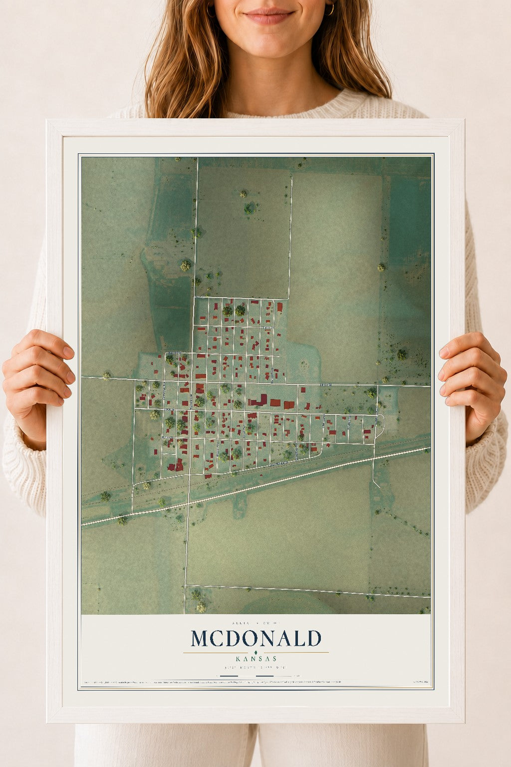 Map of McDonald, Kansas, 18 x 24 inch print in a white wood frame