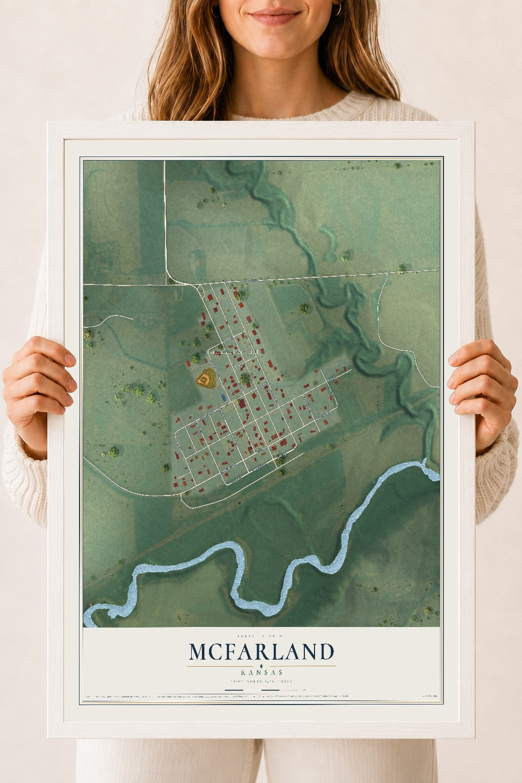 Map of McFarland, Kansas, 18 x 24 inch print in a white wood frame
